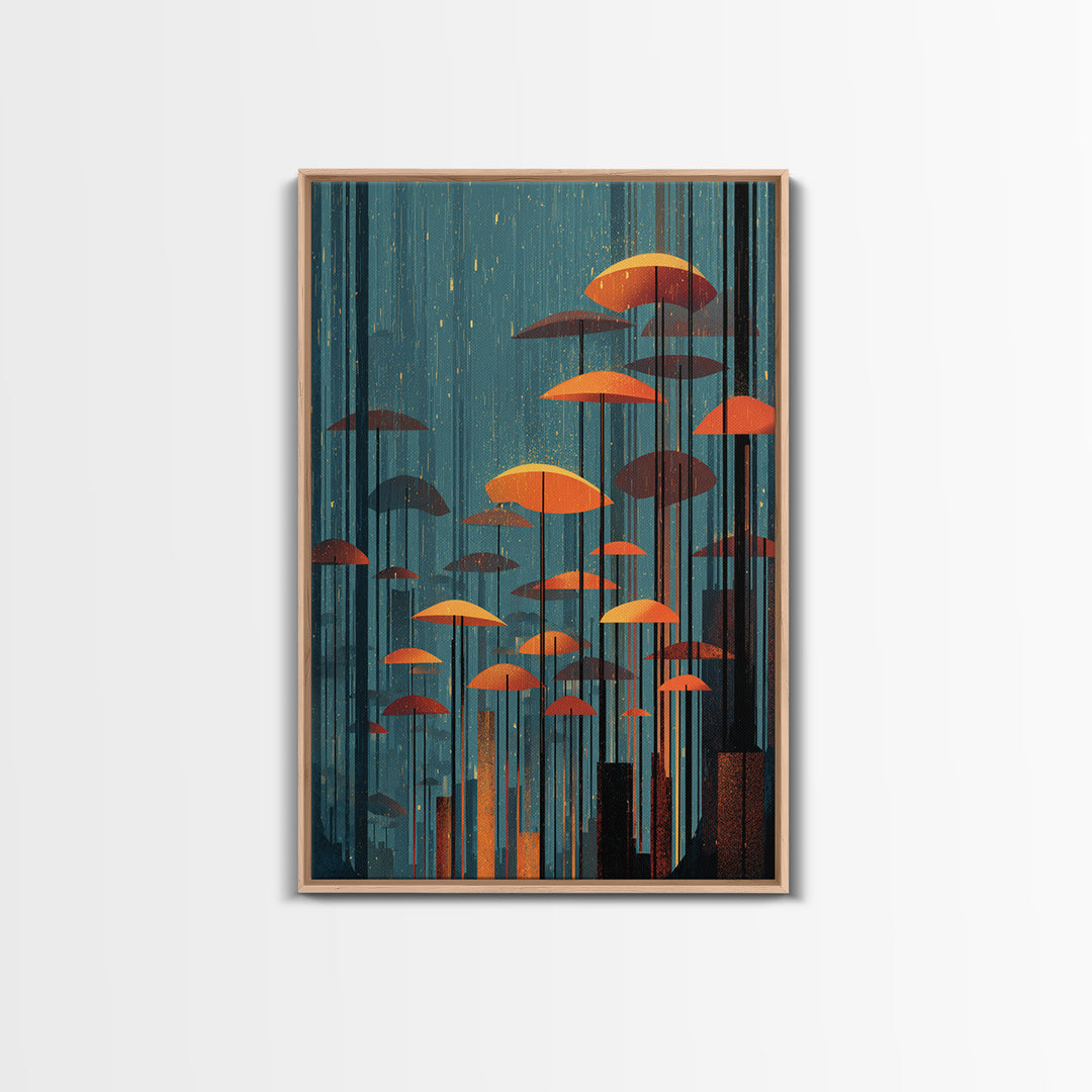 Rainy Teal Forest With Orange Umbrella Mushrooms Wall Art, Midcentury Modern Art Print, Retro Mcm Decor, Surreal Nature Poster