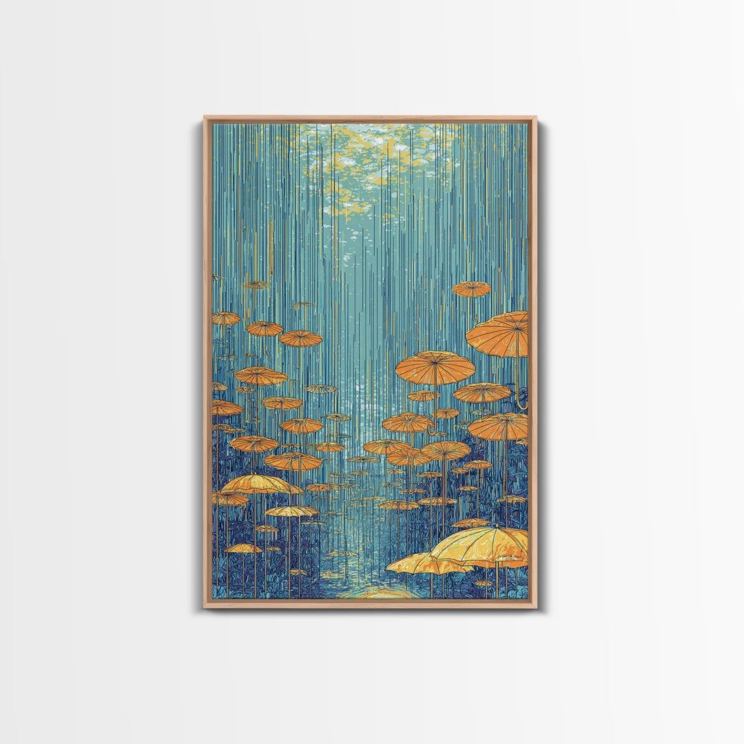 Golden Parasol Mushrooms In Blue Rain Canvas Print, Midcentury Modern Wall Art, Retro Botanical Decor, Colorful Nature Poster