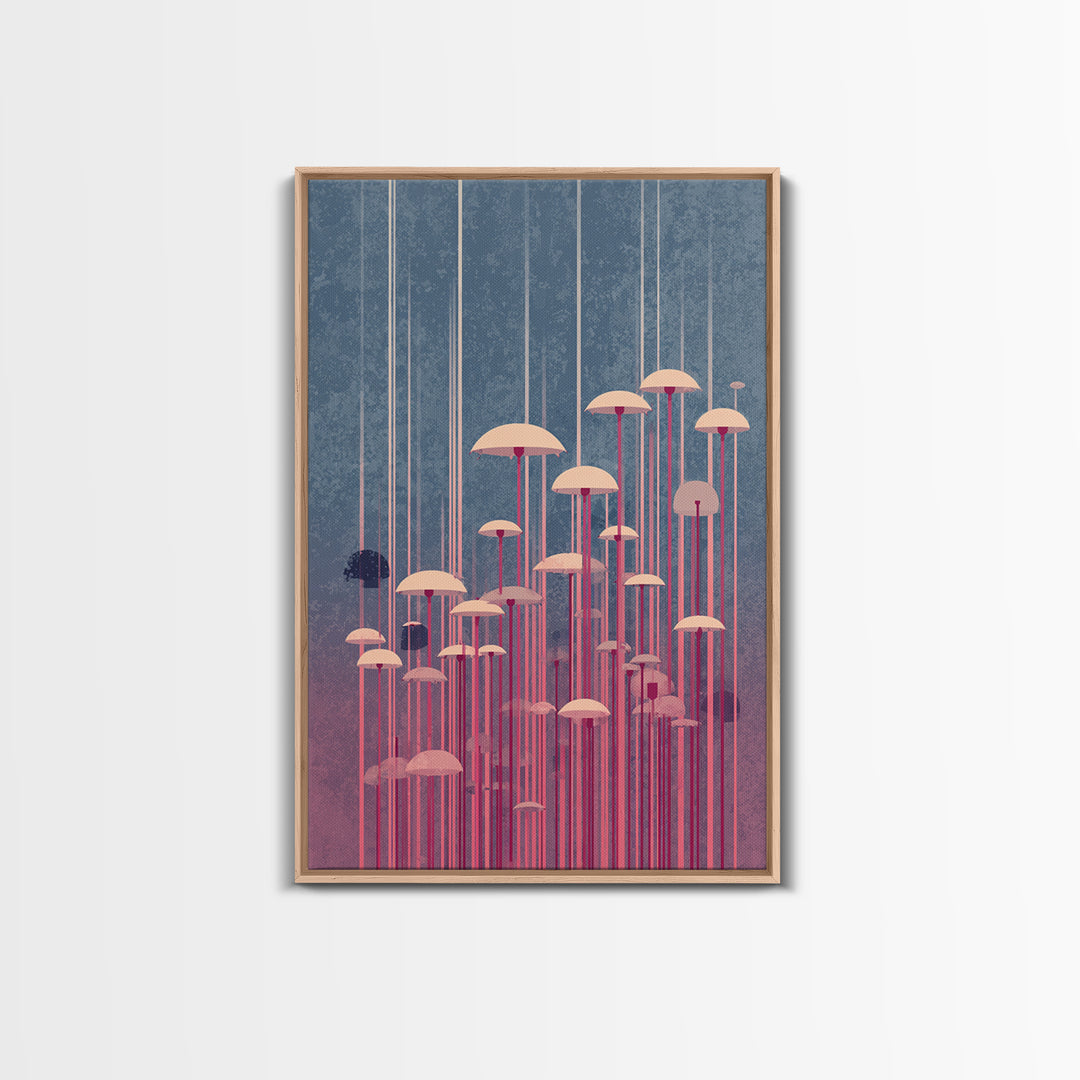 Pastel Pink Umbrella Forest In Mist Framed Canvas Print, Midcentury Modern Wall Art, Retro Mcm Decor, Dreamy Abstract Poster