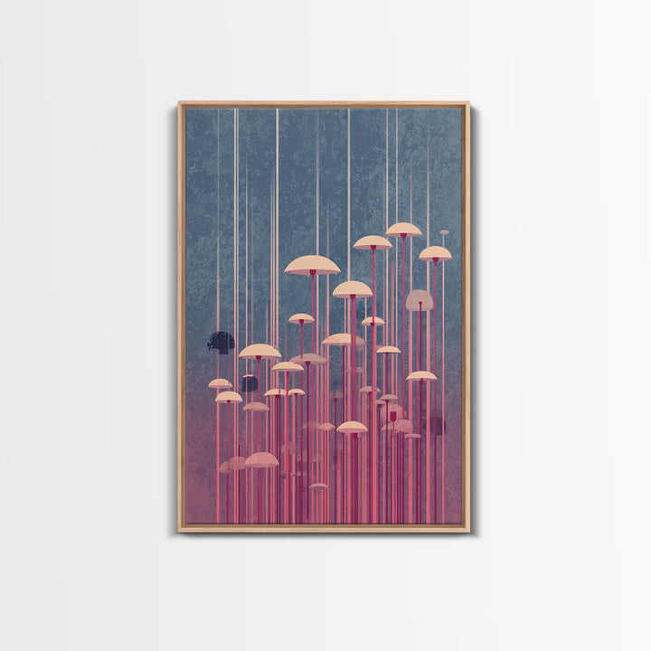 Pastel Pink Umbrella Forest In Mist Framed Canvas Print, Midcentury Modern Wall Art, Retro Mcm Decor, Dreamy Abstract Poster