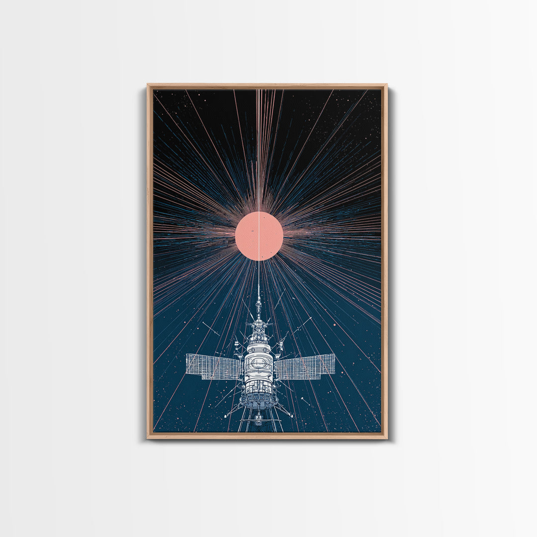 Satellite Under Pink Cosmic Sun Wall Art, Midcentury Modern Sci Fi Poster, Space Abstract Art, Retro Futurism Decor Print