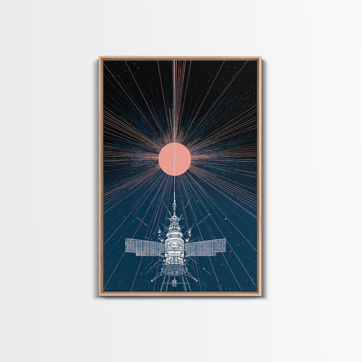 Satellite Under Pink Cosmic Sun Wall Art, Midcentury Modern Sci Fi Poster, Space Abstract Art, Retro Futurism Decor Print
