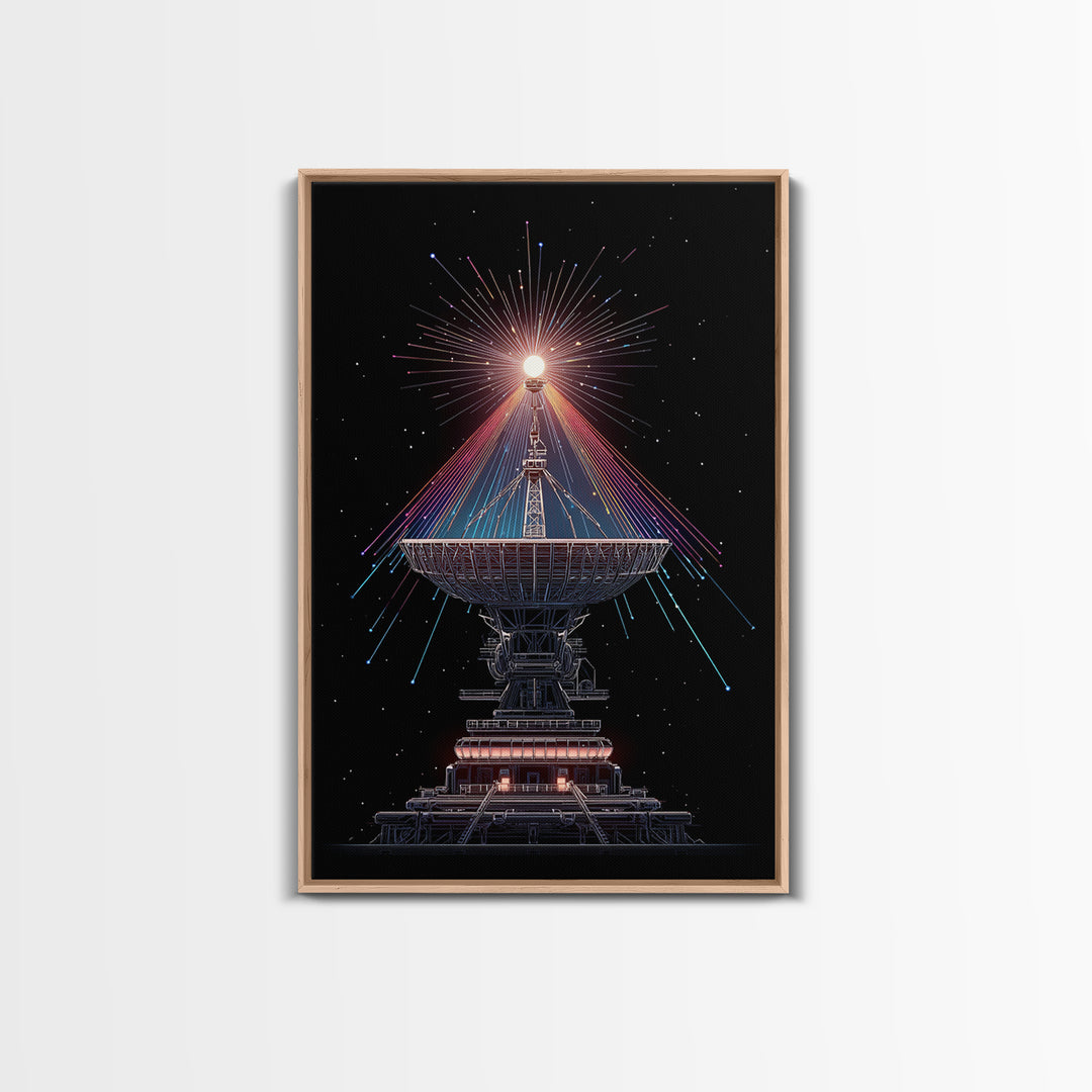 Radio Telescope Starburst On Black Canvas Print, Midcentury Modern Space Poster, Sci Fi Wall Art, Retro Cosmic Office Decor