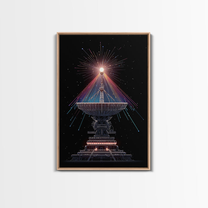 Radio Telescope Starburst On Black Canvas Print, Midcentury Modern Space Poster, Sci Fi Wall Art, Retro Cosmic Office Decor