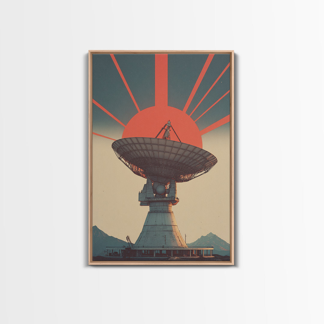 Mountain Radio Telescope With Red Sunbeams Framed Canvas Print, Midcentury Modern Wall Art, Retro Space Poster, Mcm Decor