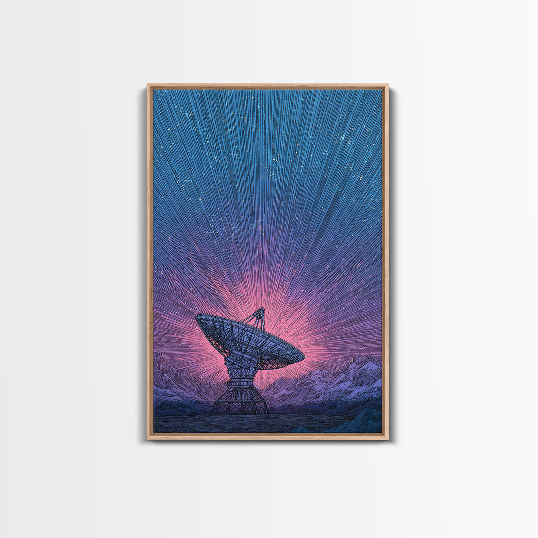 Mountain Satellite Dish With Pink Data Beams Wall Art, Midcentury Modern Sci Fi Poster, Space Abstract Art, Retro Decor Print