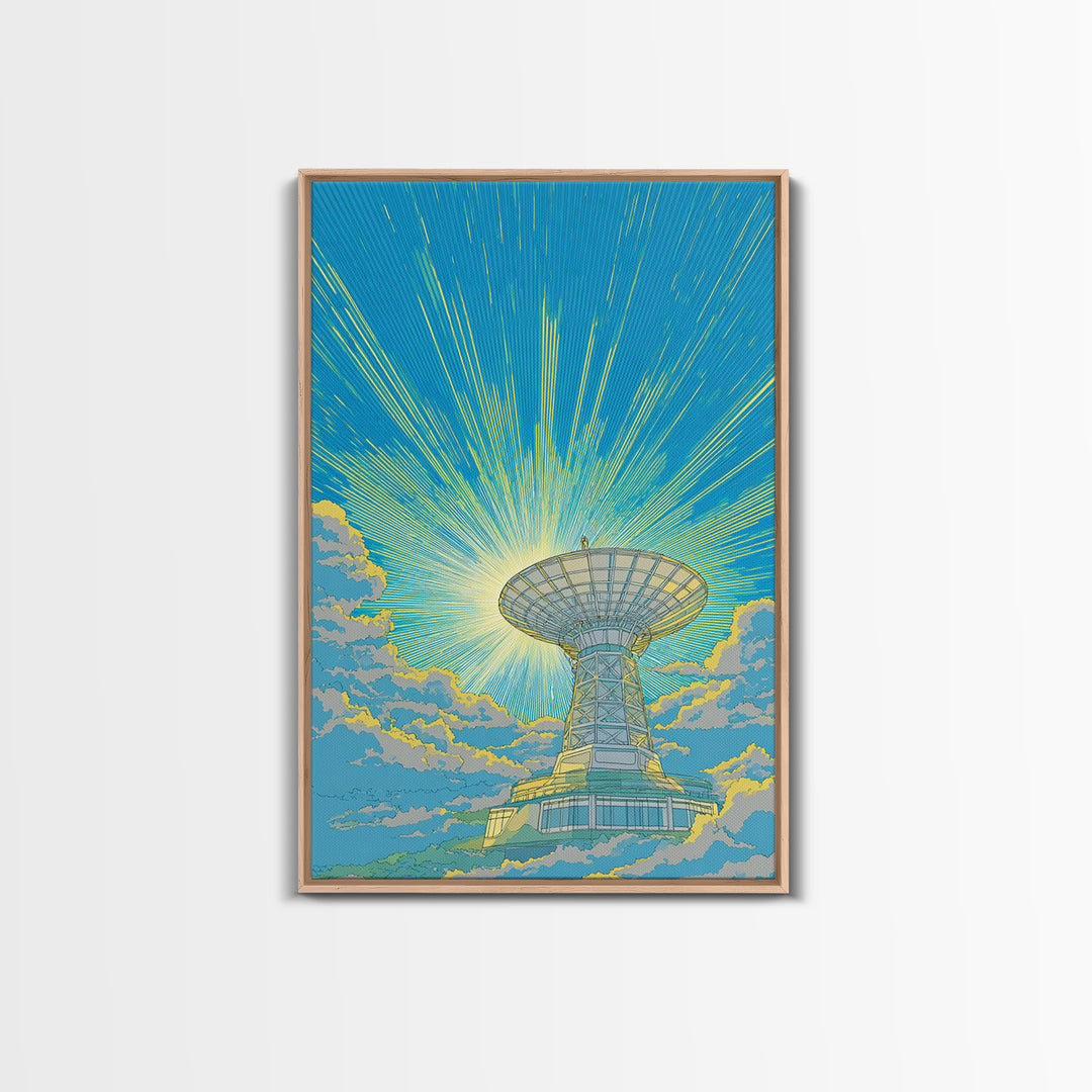 Bright Sky Satellite Dish With Neon Rays Canvas Print, Midcentury Modern Wall Art, Retro Space Poster, Colorful Office Decor