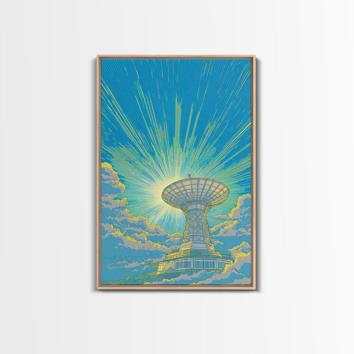 Bright Sky Satellite Dish With Neon Rays Canvas Print, Midcentury Modern Wall Art, Retro Space Poster, Colorful Office Decor