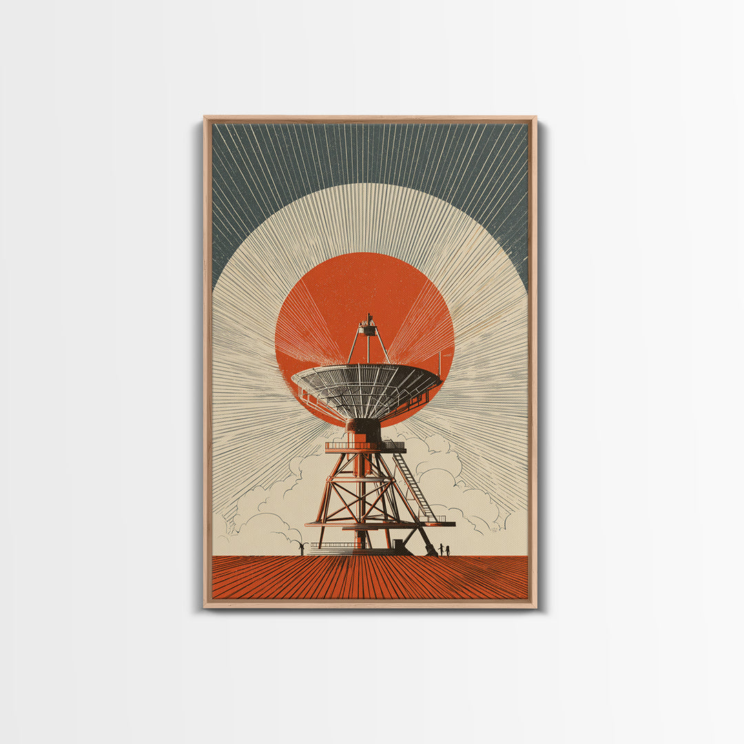 Orange Eclipse Radio Telescope In Desert Wall Art, Midcentury Modern Space Poster, Retro Futurism Decor, Geometric Art Print