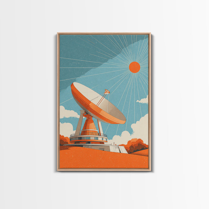 Orange Satellite Dish Under Blue Sun Canvas Print, Midcentury Modern Wall Art, Retro Space Poster, Atomic Mcm Office Decor