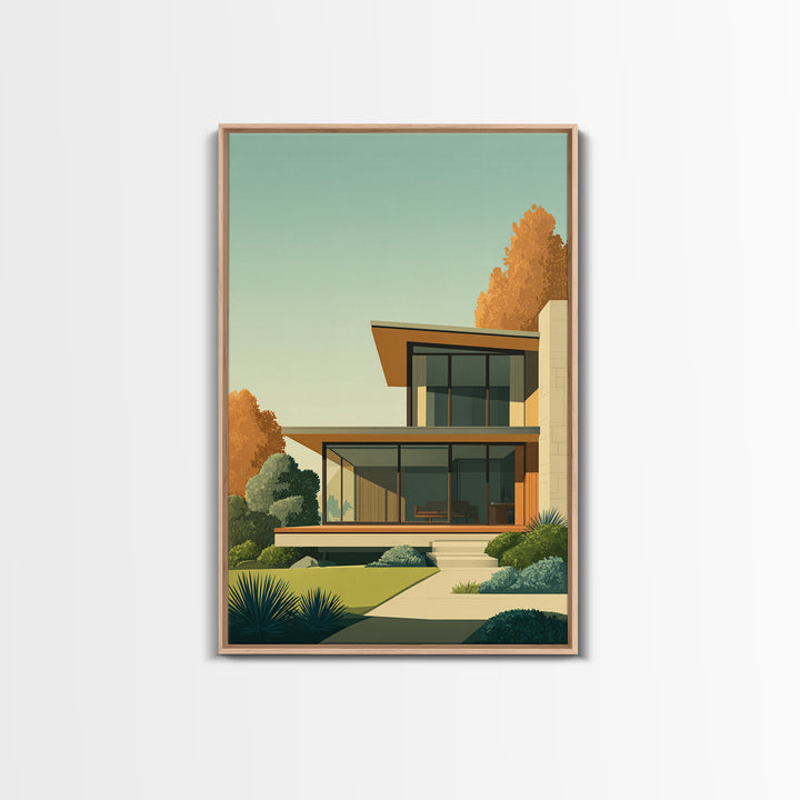 Warm Mid Century Modern House Framed Canvas Print, Architectural Wall Decor, MCM Home Artwork, Minimalist Retro Poster Prints