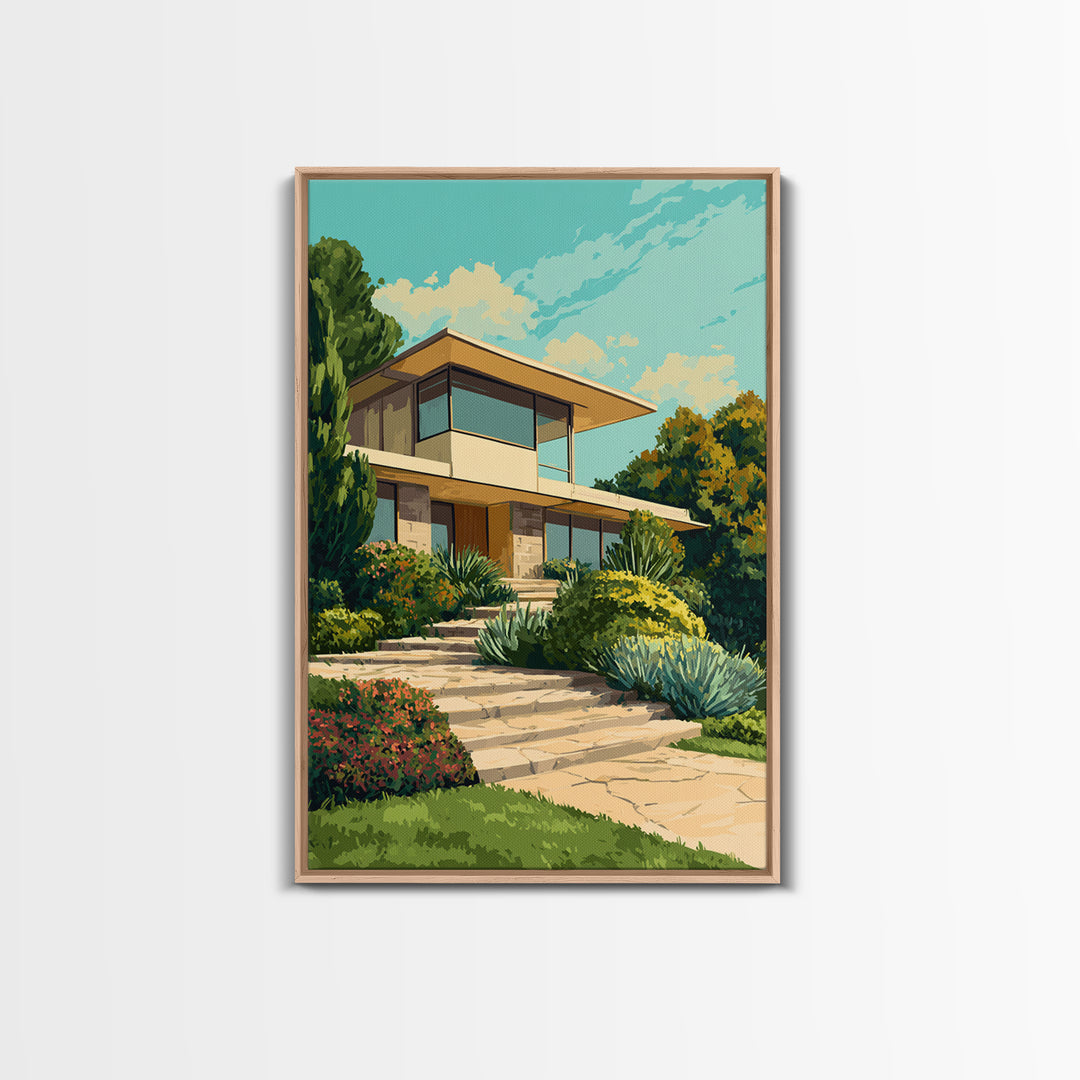 Lush Mid Century Modern House Canvas Print, Architectural Garden Wall Decor, MCM Landscape Poster, Retro Home Office Art