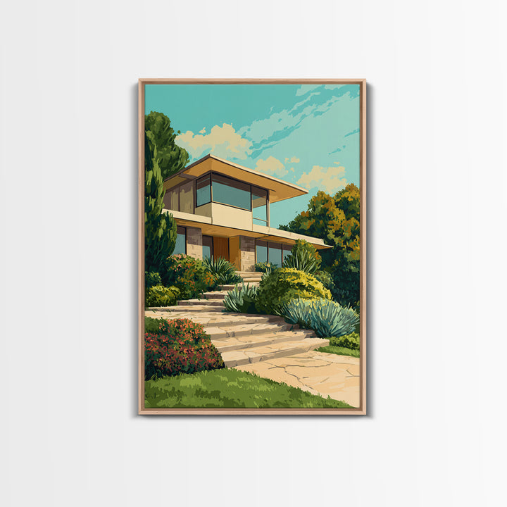 Lush Mid Century Modern House Canvas Print, Architectural Garden Wall Decor, MCM Landscape Poster, Retro Home Office Art