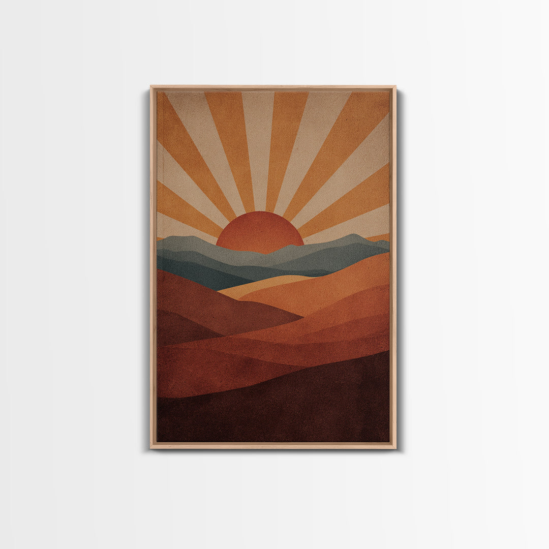 Retro Desert Sunrise Wall Art, Mid Century Sun Poster, Burnt Orange Landscape Print, Southwestern Decor, Boho MCM Art Gift