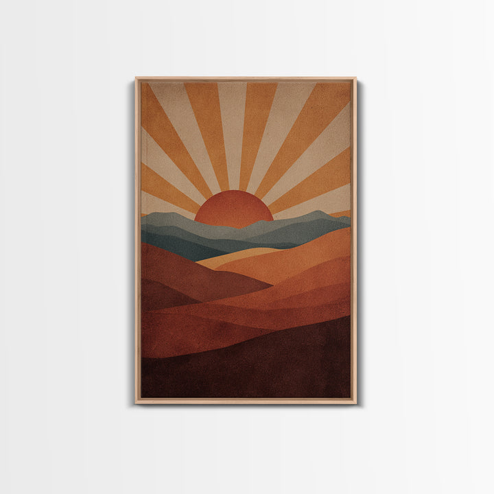 Retro Desert Sunrise Wall Art, Mid Century Sun Poster, Burnt Orange Landscape Print, Southwestern Decor, Boho MCM Art Gift