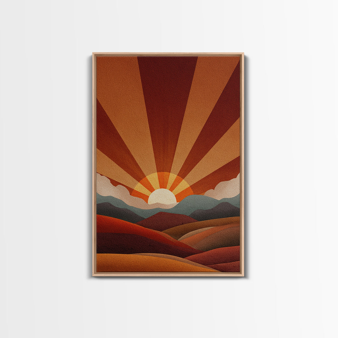 Burnt Orange Sunrise Wall Art, Retro Mountain Landscape Poster, Mid Century Sun Print, Warm Desert Decor, Boho MCM Art Gift