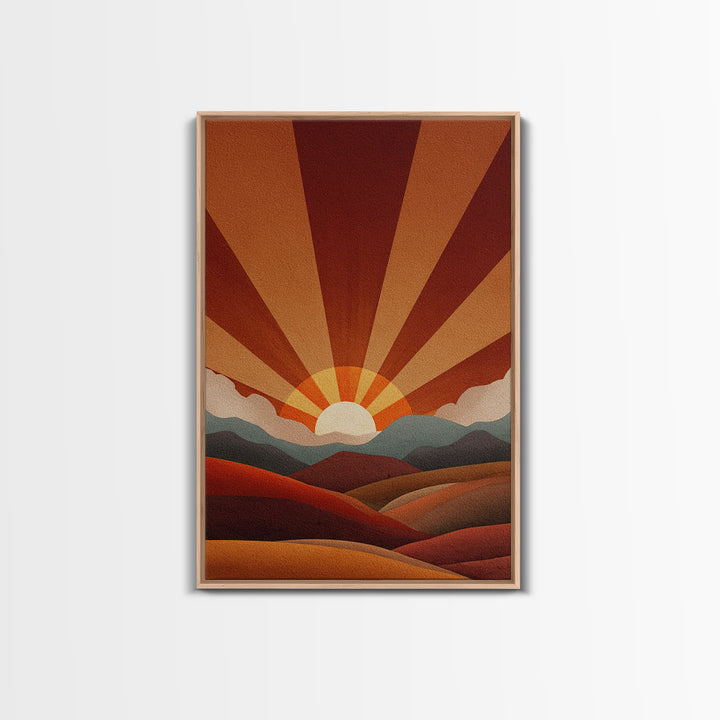 Burnt Orange Sunrise Wall Art, Retro Mountain Landscape Poster, Mid Century Sun Print, Warm Desert Decor, Boho MCM Art Gift
