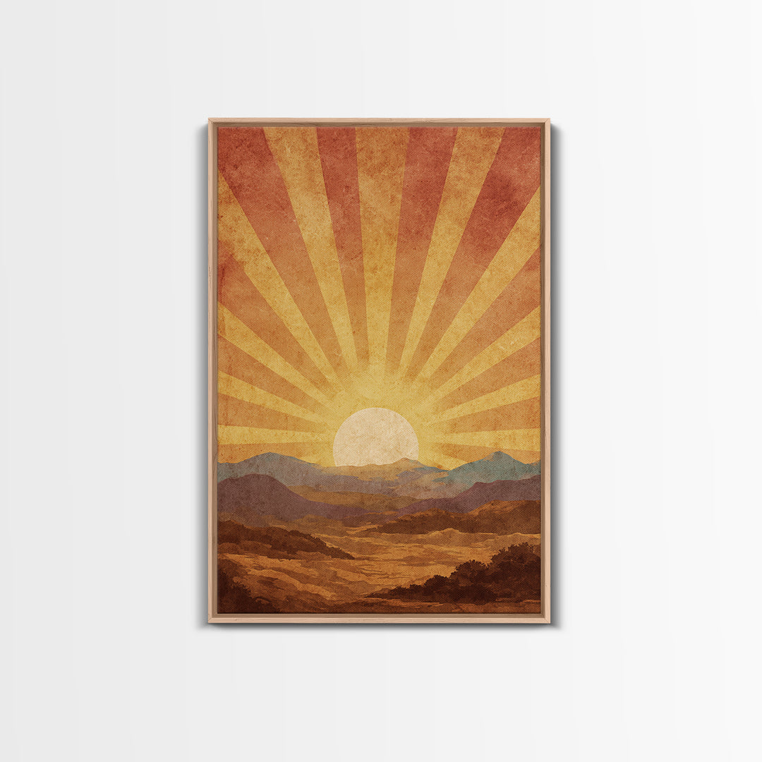 Radiant Desert Sunrise Mountains Wall Art, Mid Century Modern Poster, Retro Orange Landscape Print, Southwestern Living Room Decor
