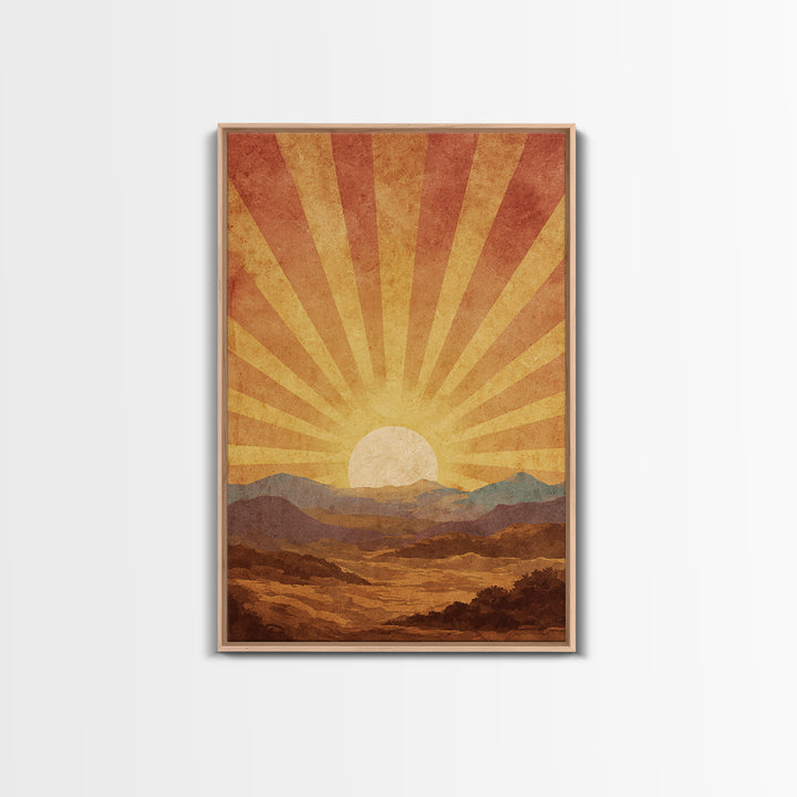 Radiant Desert Sunrise Mountains Wall Art, Mid Century Modern Poster, Retro Orange Landscape Print, Southwestern Living Room Decor
