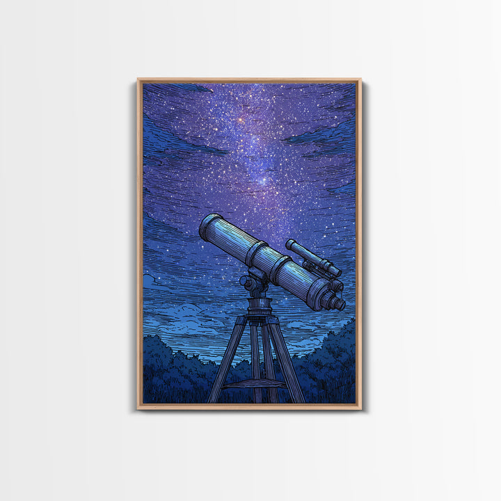 Blue Starry Telescope Wall Art, Mid Century Modern Space Poster, Astronomy Print, Night Sky Decor For Office And Dorm Room