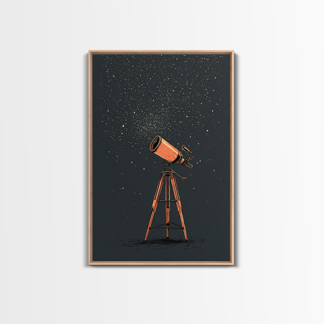 Orange Telescope Star Field Canvas Print, Mid Century Modern Astronomy Poster, Minimal Space Wall Decor, Stargazer Gift Idea