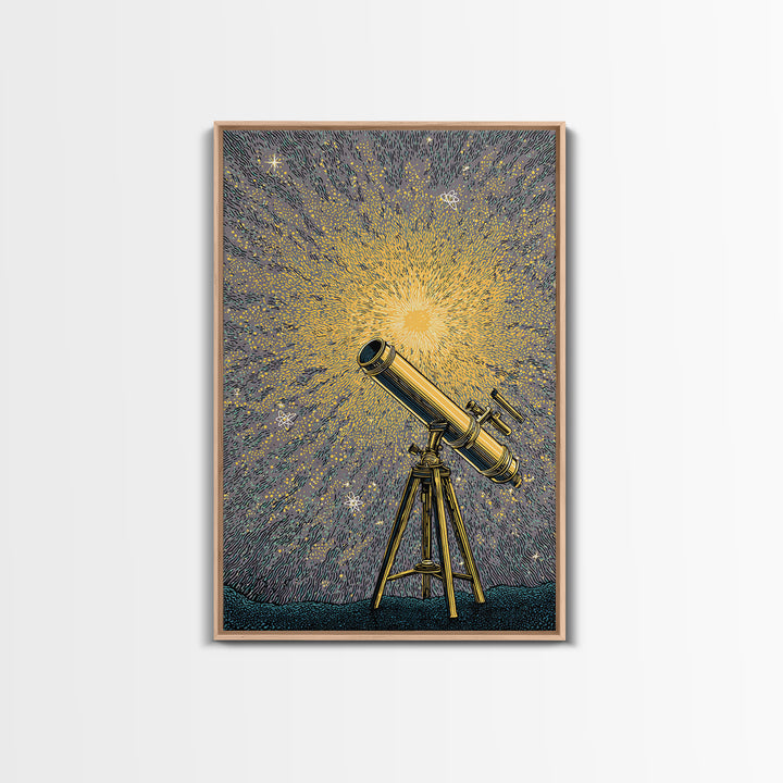 Golden Starburst Telescope Canvas Print, Mid Century Modern Astronomy Poster, Retro Space Wall Decor, Statement Office Art