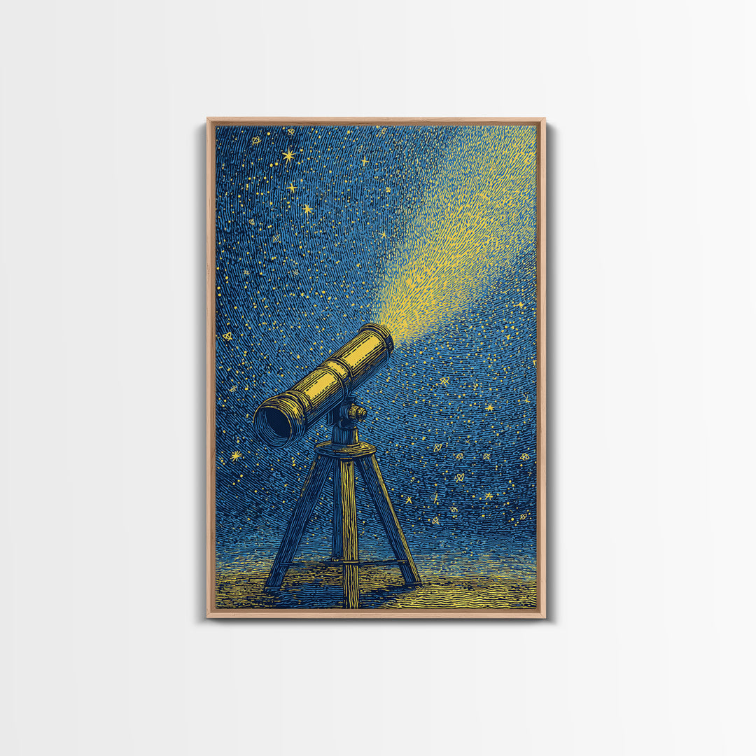 Blue Night Telescope Canvas Print, Mid Century Modern Astronomy Poster, Starry Space Wall Decor, Retro Science Gift For Him