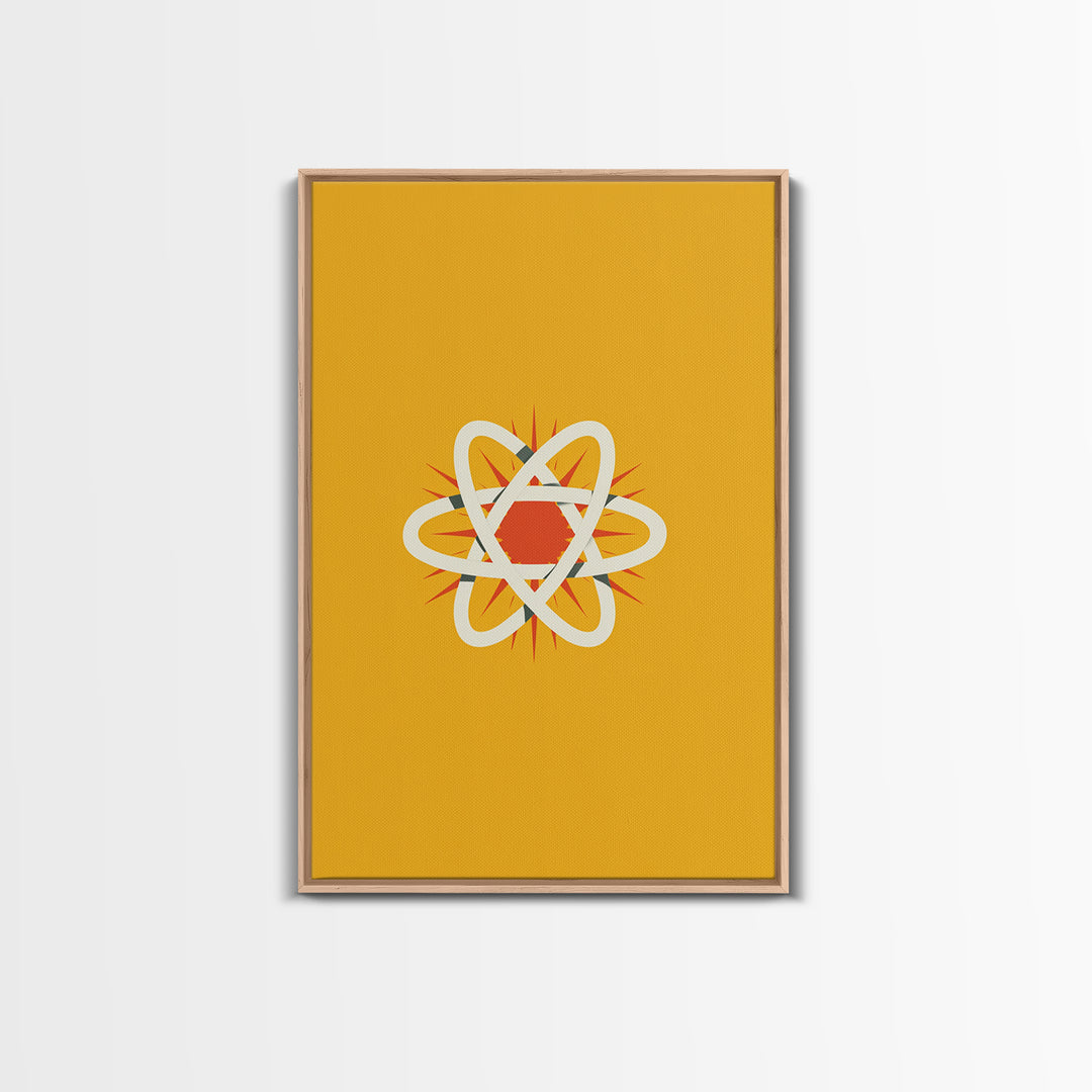 Minimal Atomic Symbol Canvas Print, Mid Century Modern Science Poster, Yellow Orange Geometric Wall Decor, Retro Lab Art