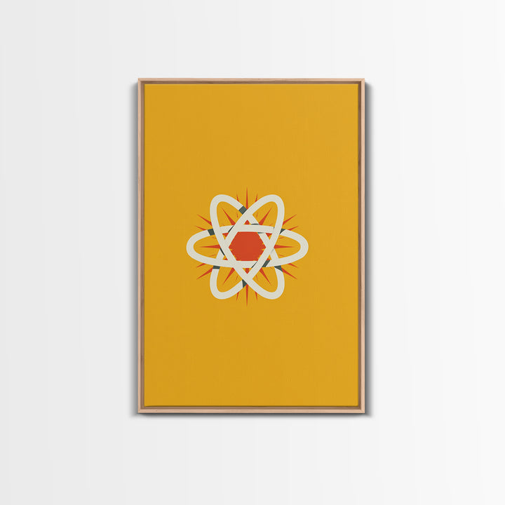 Minimal Atomic Symbol Canvas Print, Mid Century Modern Science Poster, Yellow Orange Geometric Wall Decor, Retro Lab Art