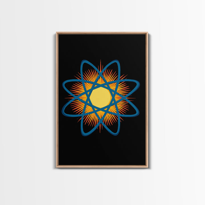 Blue Atomic Orbit Sunburst Wall Art, Midcentury Modern Science Poster, Retro Space Decor, Geometric MCM Art Print For Office