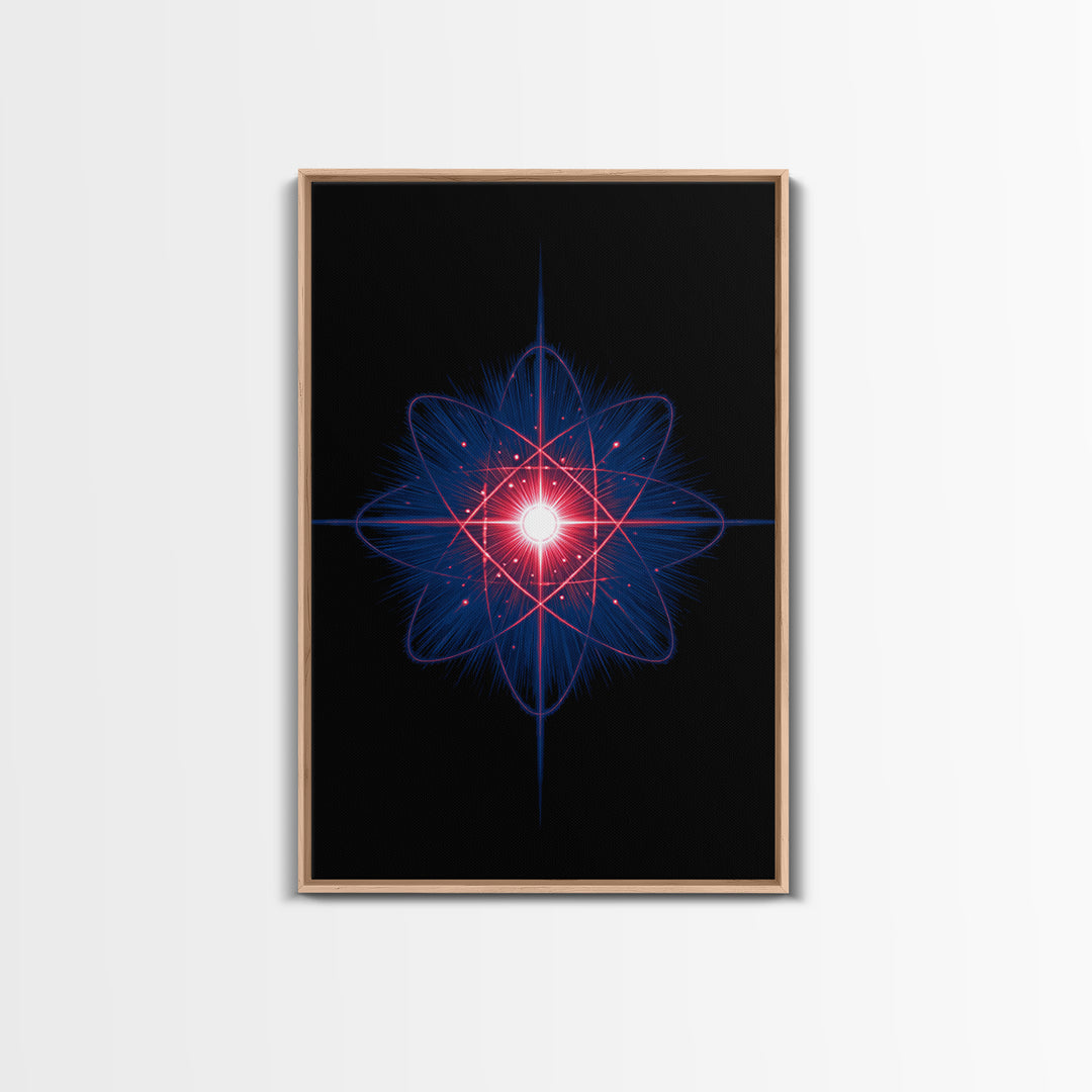 Neon Red Blue Atomic Starburst Canvas Print, Futuristic Space Abstract, Midcentury Modern Wall Decor, Sci Fi Home Office Art
