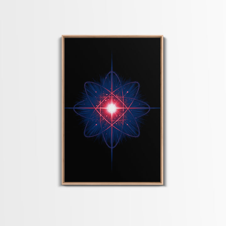 Neon Red Blue Atomic Starburst Canvas Print, Futuristic Space Abstract, Midcentury Modern Wall Decor, Sci Fi Home Office Art