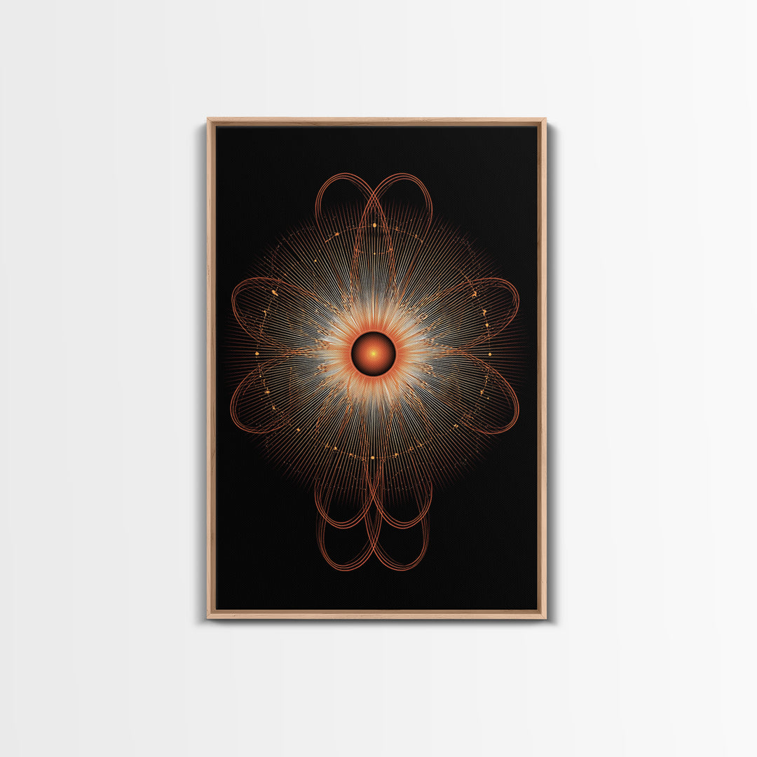 Orange Radiant Atomic Flower Framed Canvas Print, Midcentury Modern Abstract, Retro Geometric Wall Decor, MCM Office Art