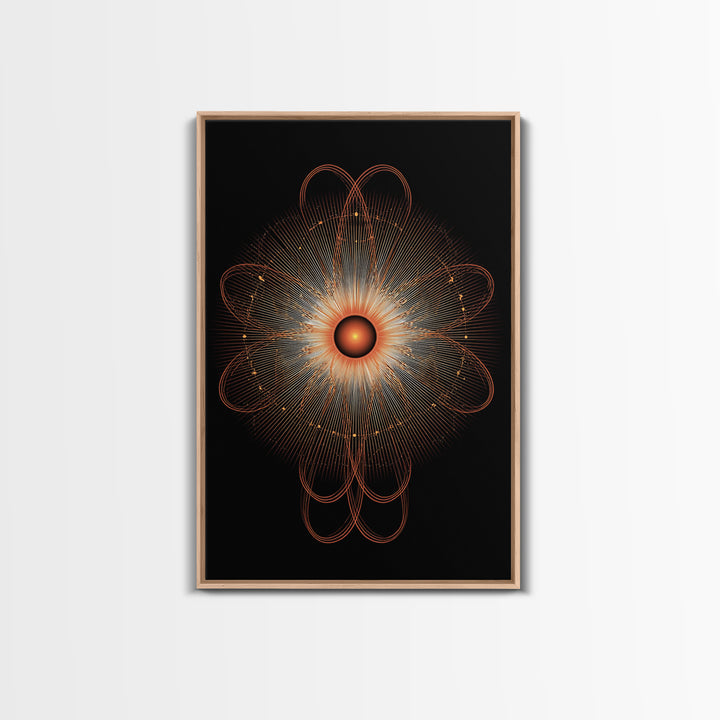 Orange Radiant Atomic Flower Framed Canvas Print, Midcentury Modern Abstract, Retro Geometric Wall Decor, MCM Office Art
