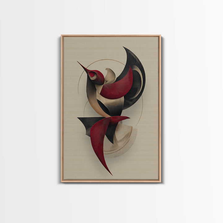 Red Black Beige Kinetic Abstract Bird Framed Canvas Print, Midcentury Modern Wall Art, Sculptural MCM Home Decor, Statement Piece