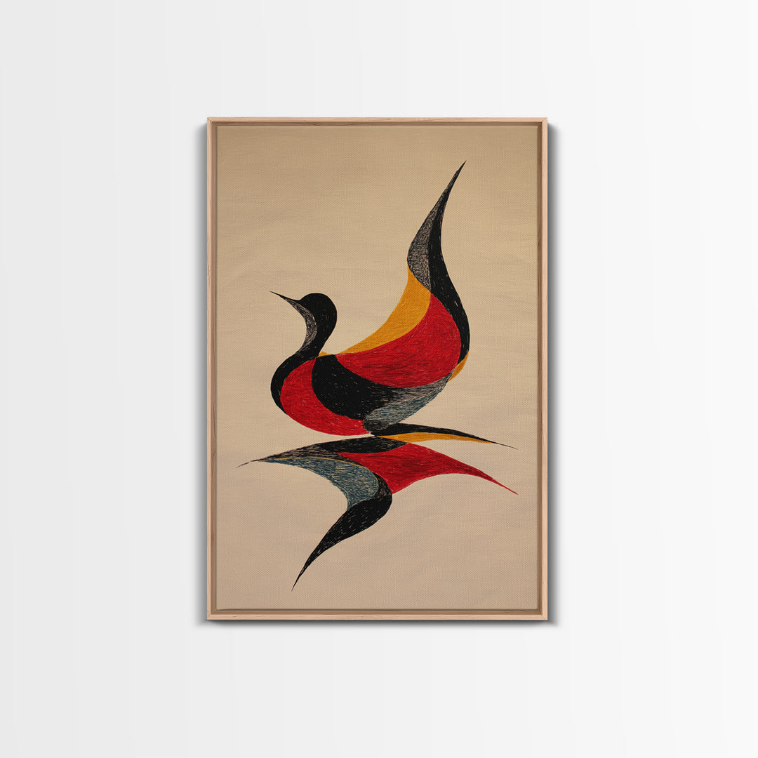 Red Black Abstract Bird Canvas Print, Midcentury Modern Wall Art, Retro Geometric Art, Warm Beige Living Room Decor, Gift