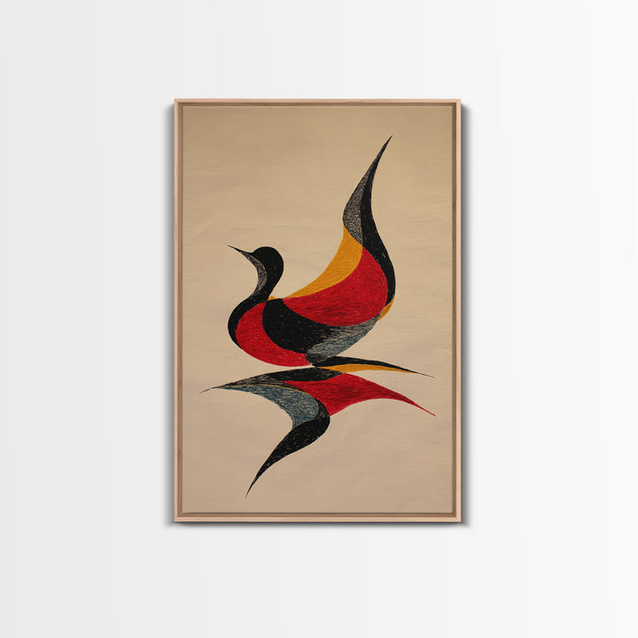 Red Black Abstract Bird Canvas Print, Midcentury Modern Wall Art, Retro Geometric Art, Warm Beige Living Room Decor, Gift