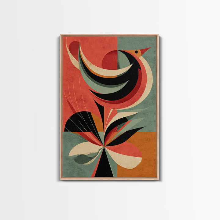 Retro Bird And Flower Wall Art, Midcentury Modern Canvas Print, Colorful Geometric Poster, MCM Botanical Home Decor, Gift