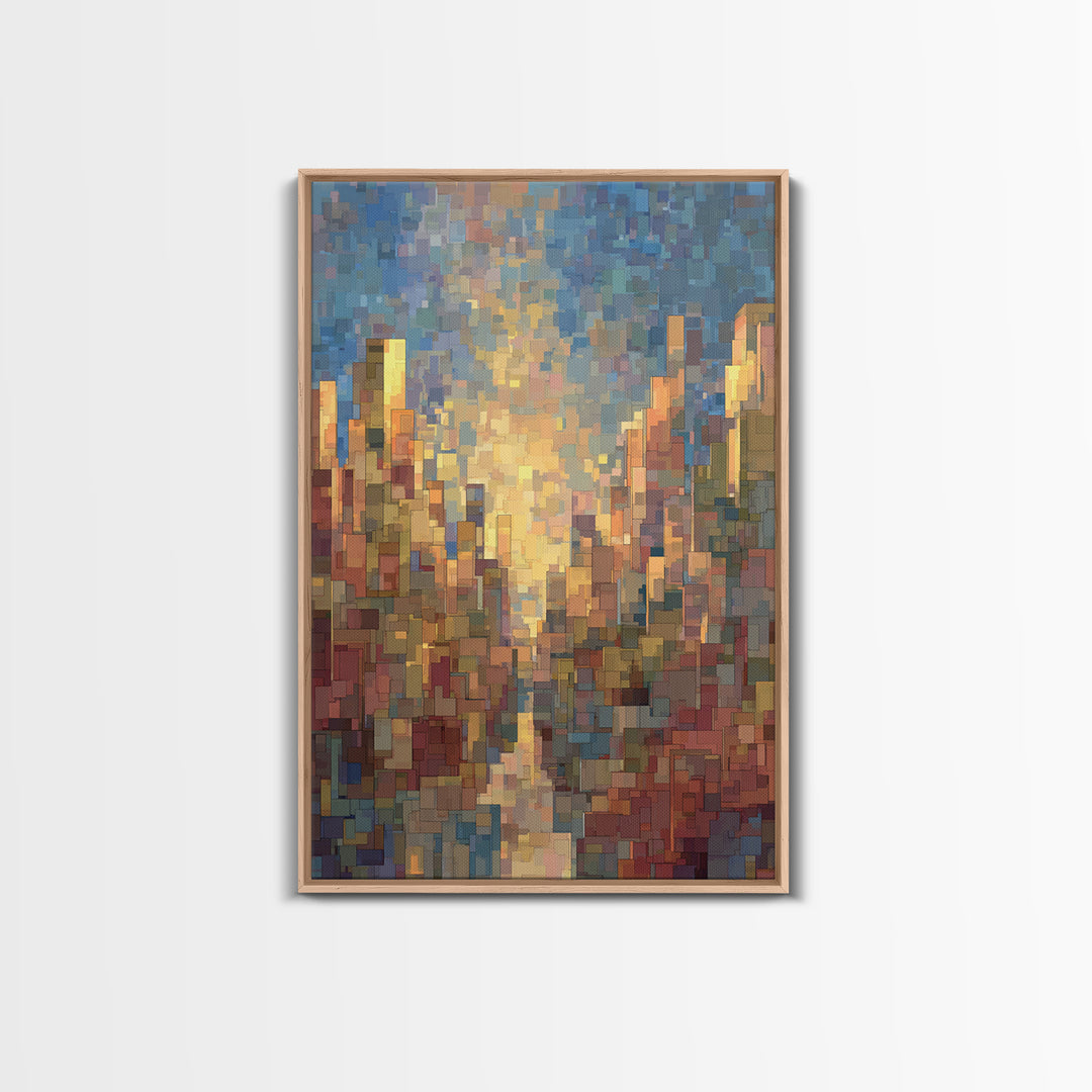 Pixelated Sunset Cityscape Wall Art, Modern Abstract Art Print, Urban Skyline Poster, Colorful Living Room Office Decor, Gift