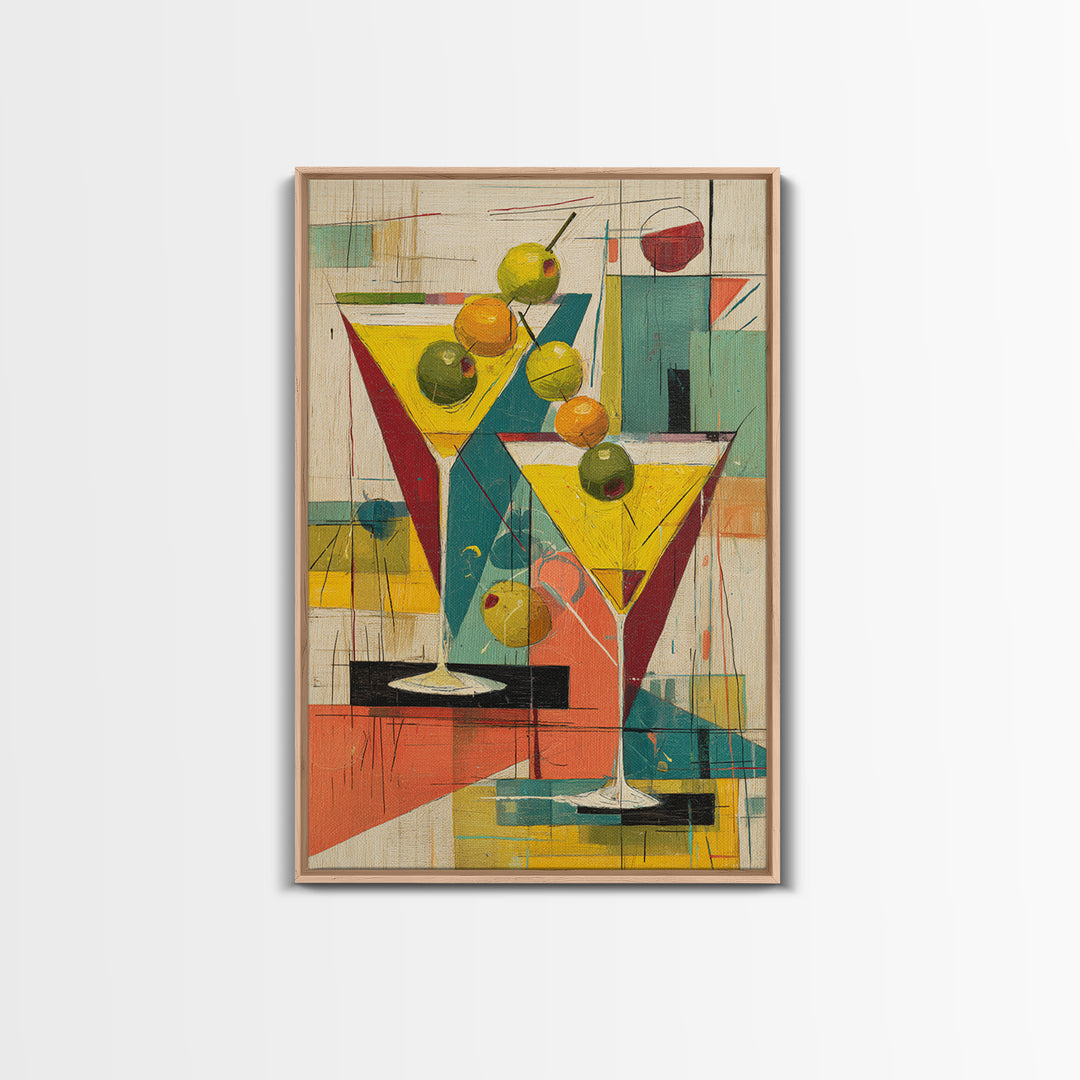 Retro Martini Glasses With Olives Wall Art, Mid Century Modern Bar Cart Decor, Cocktail Poster, Colorful Kitchen Art Print