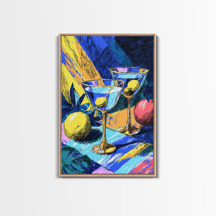 Bold Blue Martini Glasses With Lemons Canvas Print, Colorful Pop Art Bar Decor, Retro Cocktail Poster, Funky Kitchen Art