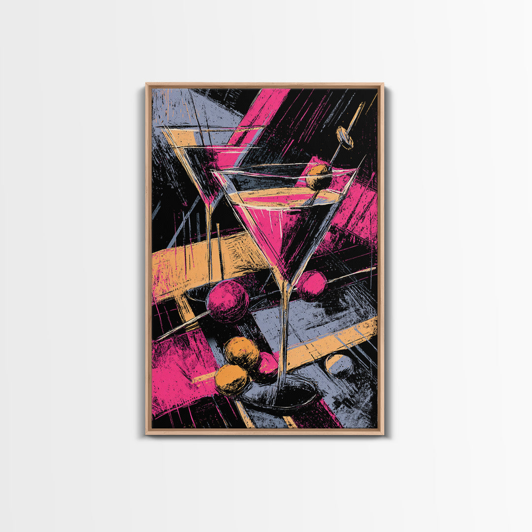 Neon Pink Martini Cocktail Wall Art, Retro Pop Art Bar Cart Decor, Maximalist Kitchen Poster, Bold Modern Canvas Print Gift