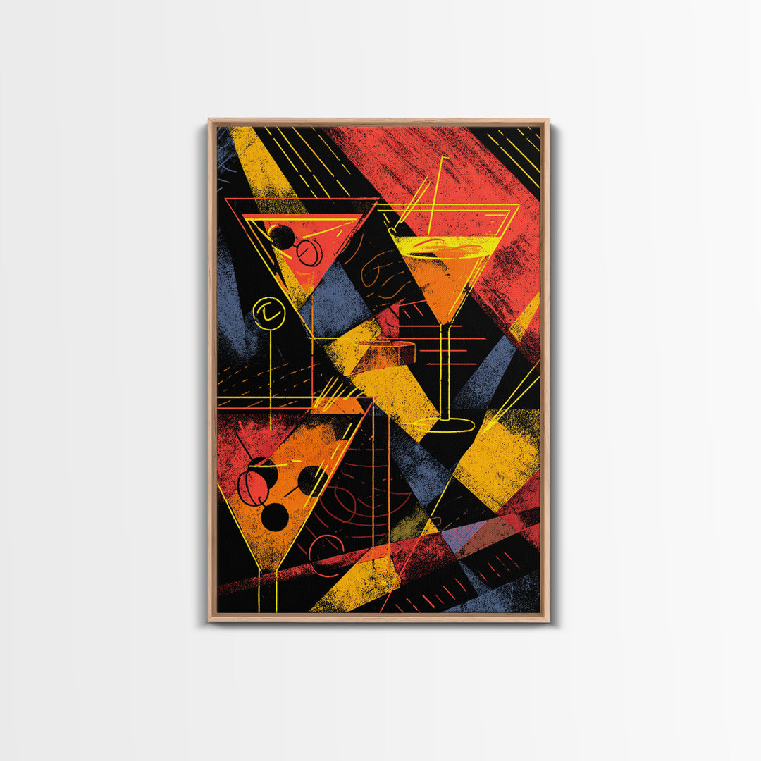 Graphic Martini Trio Canvas Print, Retro Cocktail Wall Decor, Bold Red Yellow Bar Cart Poster, Atomic Modern Kitchen Art