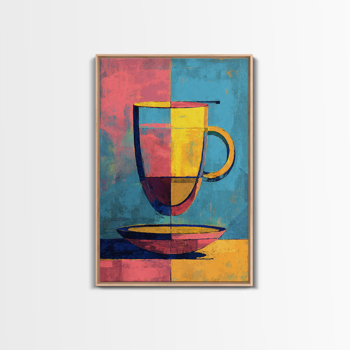 Colorful Modern Mug On Saucer Canvas Print, Mid Century Coffee Wall Decor, Abstract Kitchen Poster, Bold Cafe Art Print Gift