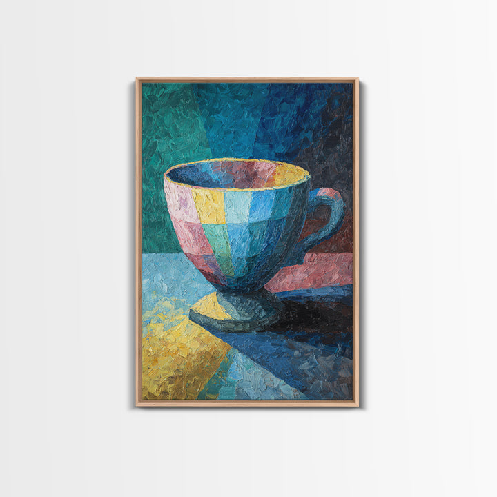 Colorful Teacup Oil Painting Canvas Print, Modern Kitchen Wall Art, Coffee Lover Gift, Vibrant Cafe Decor, Fine Art Print