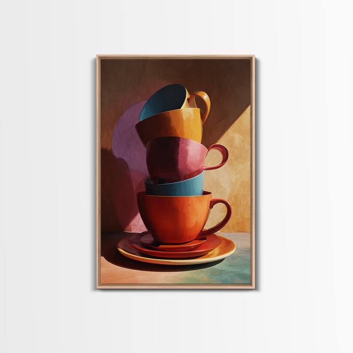 Stacked Colorful Coffee Cups Canvas Print, Modern Kitchen Wall Art, Retro Cafe Poster, Bright Home Decor, Coffee Lover Gift