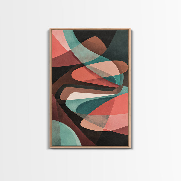Coral Teal Dark Abstract Canvas Print, Modern Wall Art, Retro Geometric Decor, Moody Midcentury Living Room Poster, Home Office Art