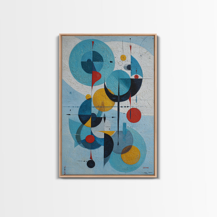 Blue Circle Bauhaus Framed Canvas Print, Midcentury Modern Wall Art, Atomic Geometric Artwork, Red Yellow MCM Decor, Living Room