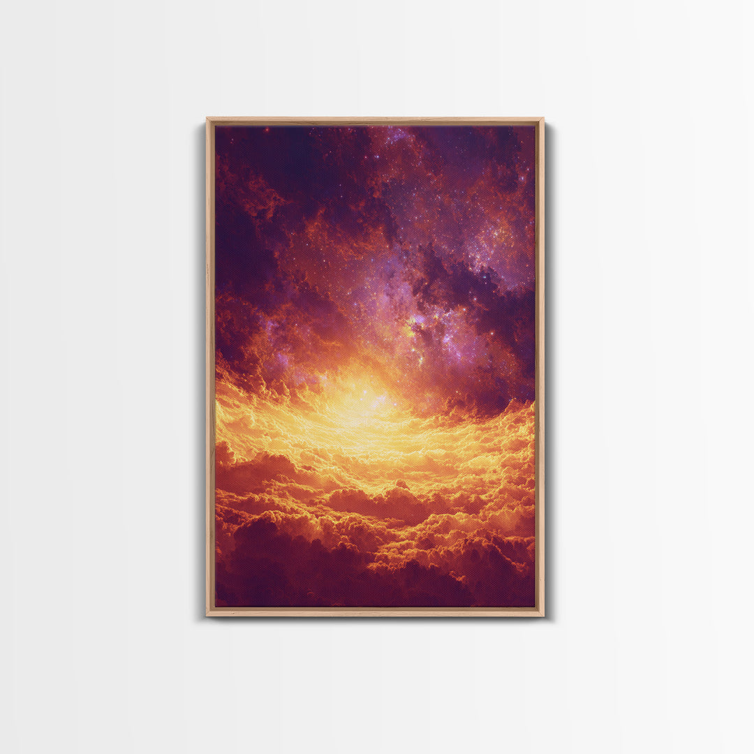 Fiery Celestial Cloudscape Canvas Print, Spiritual Wall Art, Galaxy Sky Poster, Orange Purple Modern Home Decor Gift, Bedroom Art
