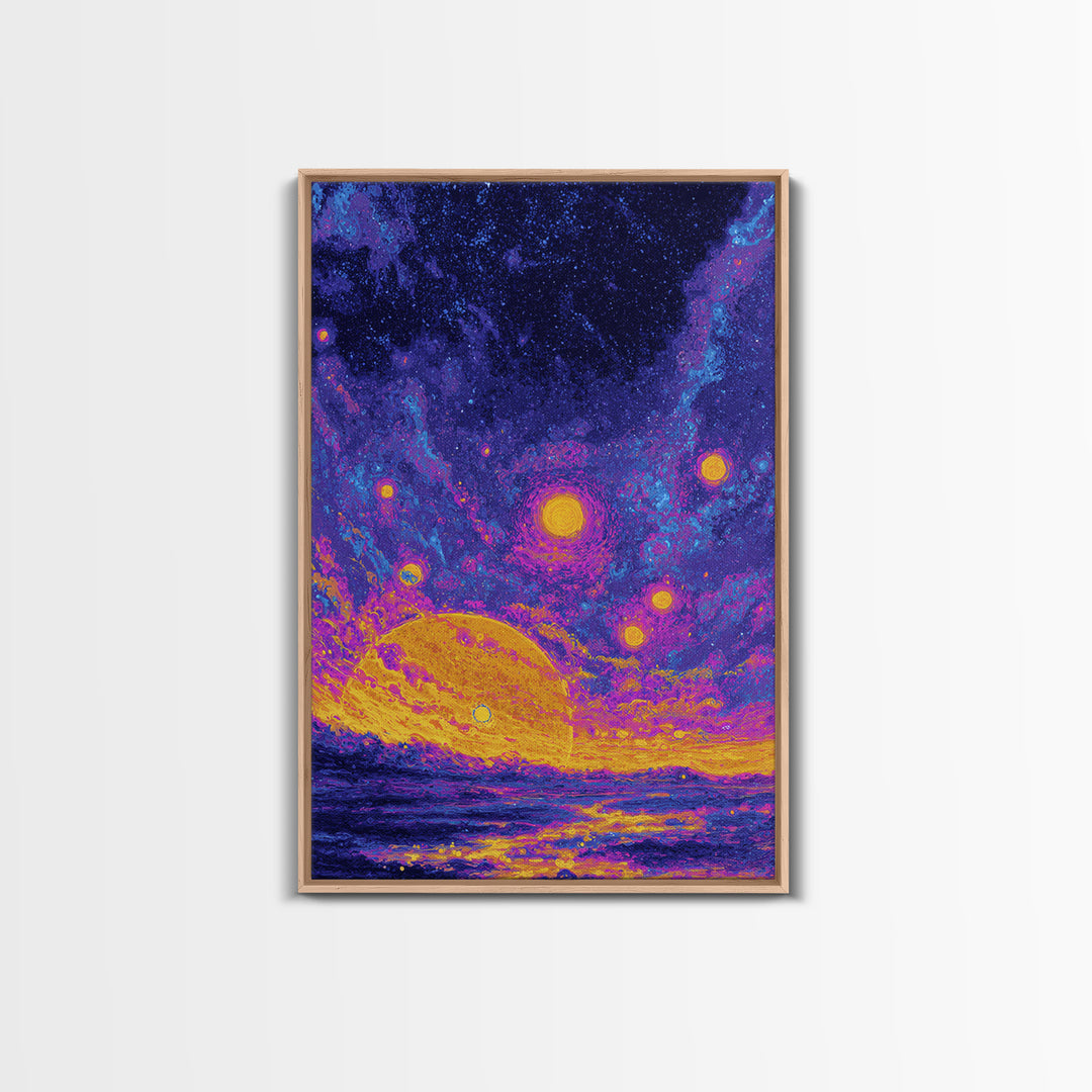 Starry Ocean Sunset Canvas Print, Cosmic Retro Wall Art, Yellow Purple Galaxy Decor, Dreamy Modern Seascape Poster, Living Room